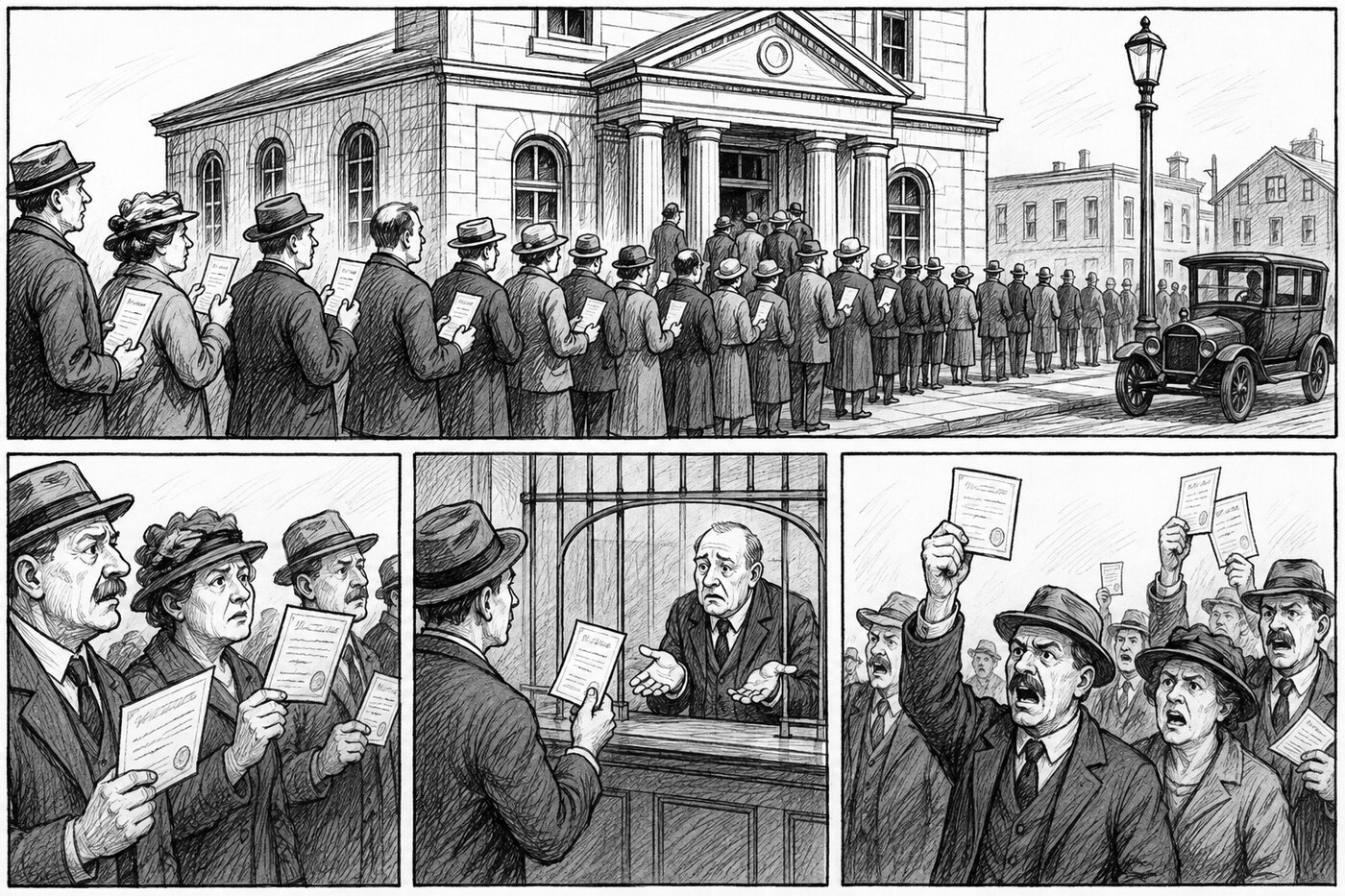 Depositors queueing outside a bank, holding certificates, and a teller turning them away